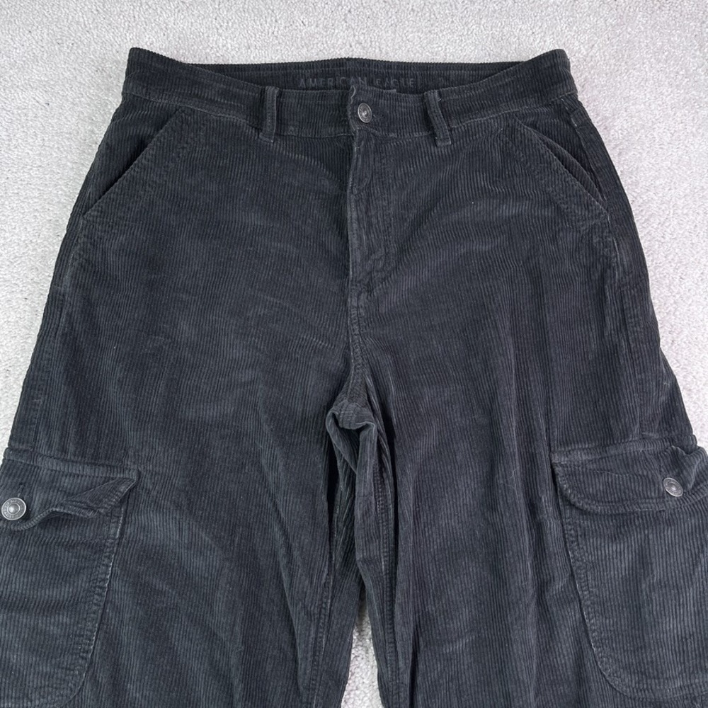 American Eagle Pants Womens 10 Black Corduroy High Rise Baggy Wide Leg Cargo - Picture 2 of 16